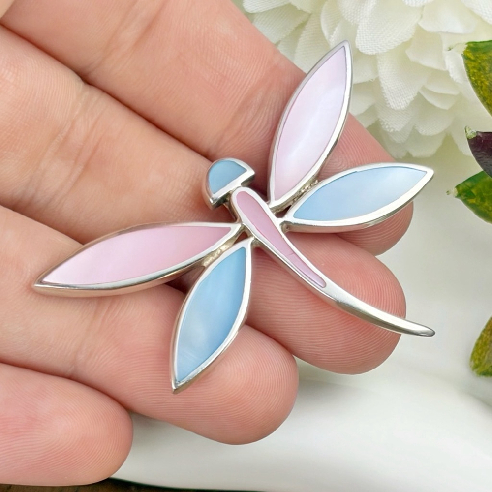 Vintage Dragonfly Butterfly Pendant Sterling Silver 925 Mother of Pearl Inlay